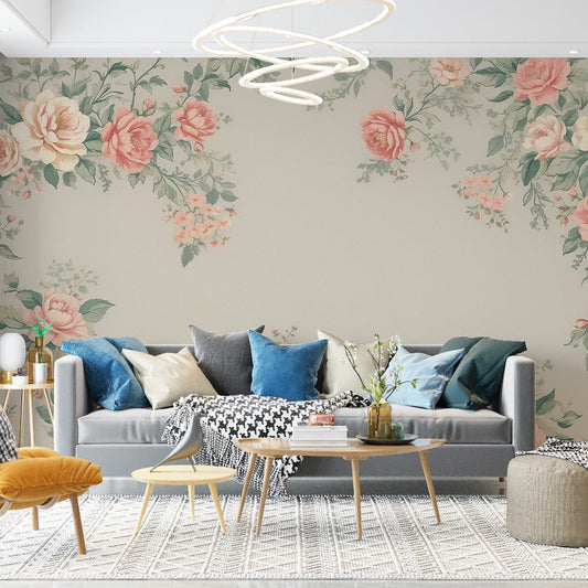 Tapete Blumen Vintage | Blumenrahmen weiße und rosa Blumen