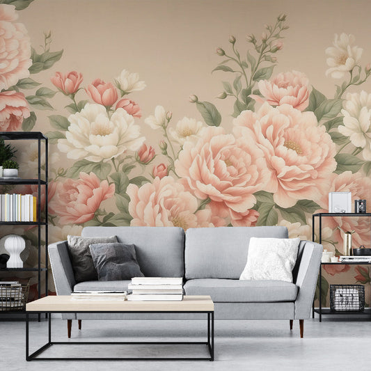 Tapete Blumen Vintage | Rosa und weiße Blumen auf neutralem Hintergrund