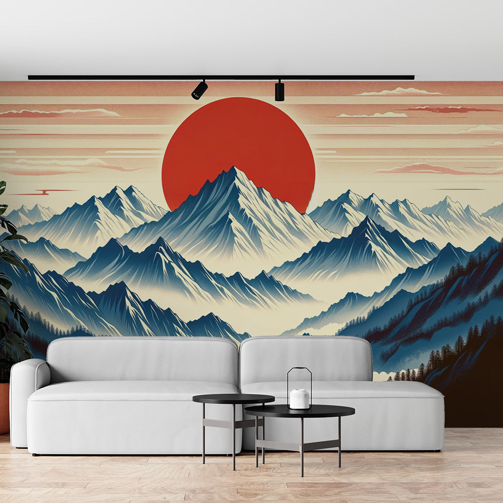 Japanische Tapete | Mit Berg und roter Sonne